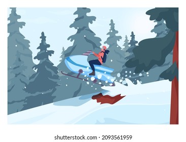 Snowmobiling. Character in outwear and helmet driving snowmobile down a slope. Freeride, winter ski resort extreme sport activity. Flat vector illustration