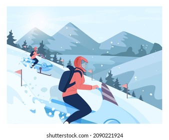 Snowmobiling. Characters in outwear and helmet driving snowmobile down a slope. Winter ski resort extreme sport activity. Flat vector illustration