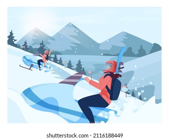 Snowmobiling. Characters in outwear and helmet driving snowmobile down a slope. Winter ski resort extreme sport activity. Flat vector illustration