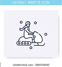 Snowmobiling line icon. Man drives snowmobile. Riding snowmobilist. Winter holidays and leisure concept. Sport, hobby. Snowskating vehicle. Isolated vector illustration. Editable stroke 