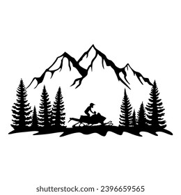 Snowmobiling in the Wilderness, Snowmobile Driver, Hand Drawn Vector Illustration