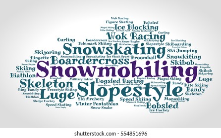 Snowmobiling. Word cloud, italic font, grey gradient background. Winter sport