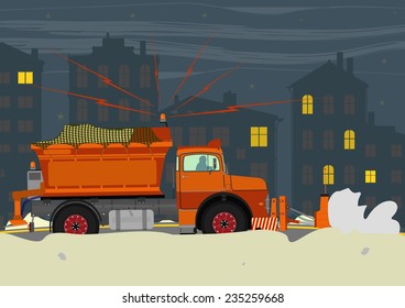 Snowplough during operation. Vector illustration without gradients on one layer.