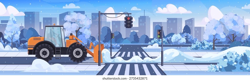 Snowplow clearing snow from a crosswalk at an intersection. Winter road safety. City infrastructure in snow. Vector Not AI generated