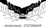 Snowplow driving through snowy mountain pass with icy cliffs