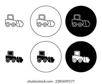 Snowplow line icon set. Road snow removal truck sign. Snowblower symbol. Snowplough icon in black and white color.
