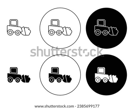 Snowplow line icon set. Road snow removal truck sign. Snowblower symbol. Snowplough icon in black and white color.
