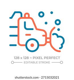 Icono de línea de dos colores perfecto de píxeles quitanieves. Limpieza de carreteras, limpieza de nieve. Esparcidor de sal. Símbolo de contorno bicolor de vehículo de servicio de invierno. Pictograma lineal duotono. Ilustración aislada. Trazo editable