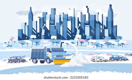 Nieve sacando la nieve de la carretera en el paisaje urbano. El paisaje de la ciudad invernal. Limpiando el camino después de una tormenta de nieve. Mantenimiento de carreteras. Ilustración vectorial plana.