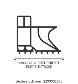 Snowplow train pixel perfect linear icon. Steam engine. Railroad snow removal equipment. Rail cleaning. Thin line illustration. Contour symbol. Vector outline drawing. Editable stroke