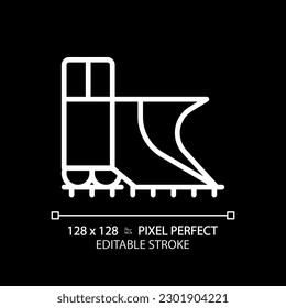 Snowplow train pixel perfect white linear icon for dark theme. Steam engine. Railroad snow removal equipment. Rail cleaning. Thin line illustration. Isolated symbol for night mode. Editable stroke