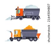 Snowplow vehicles set. Road cleaning trucks, professional industrial transport vector illustration