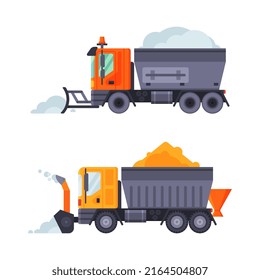 Vehículos de nieve en marcha. Camiones de limpieza de carreteras, ilustración vectorial de transporte industrial profesional