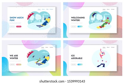 Snowsailing and Figure Skating Sports Competition Website Landing Page. Web Page Banner. Sportsmen Riding Skis and Snowboard with Kite. Couple Dancing on Ice Rink. Cartoon Flat Vector Illustration