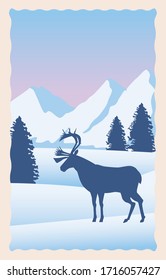 snowscape flat scene with mountains and deer vector illustration design