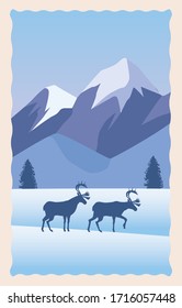 escenas planas de nieve con diseño gráfico de montañas y vectores de ciervos