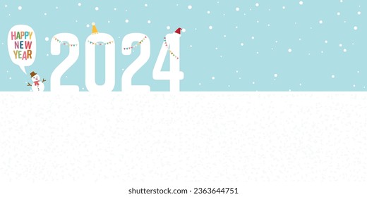 Snowscape with snowman say "Happy New Year" and decorated ice cubes 2024 flat design vector illustration have blankspace.