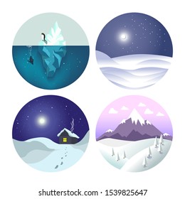 Snowscapes or winter landscapes isolated icons vector. Penguins on iceberg and snowy night, country house under moon and mountains with ice peaks. Nature under snow, countryside and Antarctic