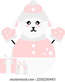 The snowsheep with gifts. A snowman decorated like a cute sheep with winter costumes and gifts in color pastel pink, light gray and white.