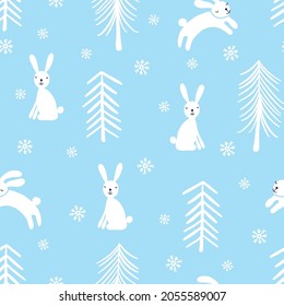 Snowshoe Hare Childish Seamless Vector Pattern With Rabbit In The Snow Forest. Bunny Tree Background For Children. Scandinavian Style Kids Winter Illustration Minimalism Style For Fabric, Wrapping.