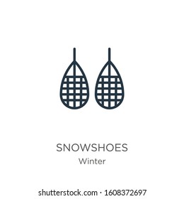 Snowshoes icon. Thin linear snowshoes outline icon isolated on white background from winter collection. Line vector sign, symbol for web and mobile