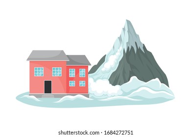 Snowslide Approaching Residential House Standing Nearby Vector Illustration