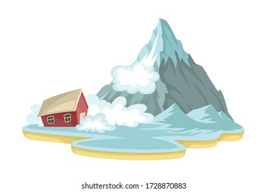 Snowslide Approaching Residential House Standing Nearby Vector Illustration
