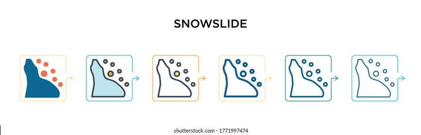 Snowslide vector icon in 6 different modern styles. Black, two colored snowslide icons designed in filled, outline, line and stroke style. Vector illustration can be used for web, mobile, ui