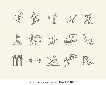 Snowsport thin line icon set. Skating, bobsleigh prize, snowboarding boots sign pack. Winter sports concept. Vector illustration symbol elements for web design and apps