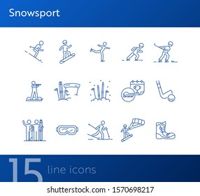 Snowsport thin line icon set. Skating, bobsleigh prize, snowboarding boots sign pack. Winter sports concept. Vector illustration symbol elements for web design and apps
