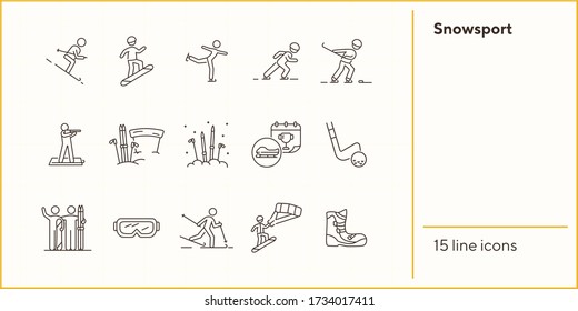 Snowsport thin line icon set. Skating, bobsleigh prize, snowboarding boots sign pack. Winter sports concept. Vector illustration symbol elements for web design and apps