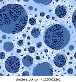 Snowstorm. Abstract seamless pattern, circles, snowflakes, cute blue background.