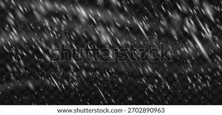 Snowstorm effect blizzard snow with white falling snowflake png transparent overlay. Winter frozen texture for night sky or wind storm. Isolated shiny sparkle pattern on black background.