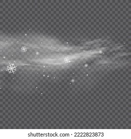 Snowstorm effect, blizzard and whirlwind on transparent background. Christmas winter snow wind with fog. Set of winter wind blow, cold air swirl, snow cloudiness or mist with snowflakes. Vector