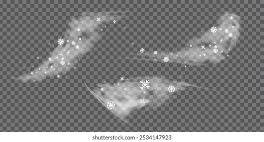 Snowstorm effect, blizzard and whirlwind on transparent background. Christmas winter snow wind with fog. Set of winter wind blow, cold air swirl, snow cloudiness or mist with snowflakes. Vector