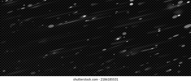 Snowstorm effect, overlay, snow or blizzard with snowflakes falling from sky isolated on transparent background. Ice storm with strong wind, christmas night weather, Realistic 3d vector illustration