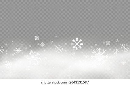 Snowstorm with falling snowflakes and hurricane wind on transparent png. Abstract winter background with light bokeh and textured overlay. Holiday effect for xmas design and greeting.