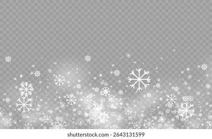Snowstorm with falling snowflakes and hurricane wind on transparent png. Abstract winter background with light bokeh and textured overlay. Holiday effect for xmas design and greeting.