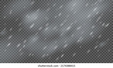 Snowstorm and falling snowflakes on transparent background. Blizzard of white snowflakes and Christmas snow. Vector illustration