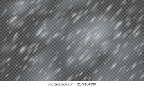 Snowstorm and falling snowflakes on transparent background. Blizzard of white snowflakes and Christmas snow. Vector illustration