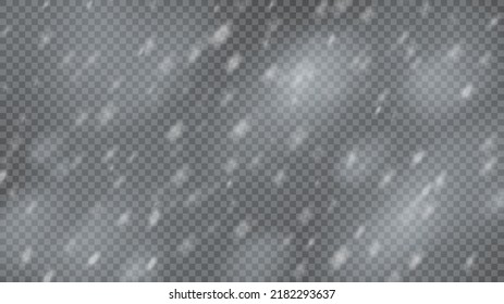 Snowstorm and falling snowflakes on transparent background. Blizzard of white snowflakes and Christmas snow. Vector illustration