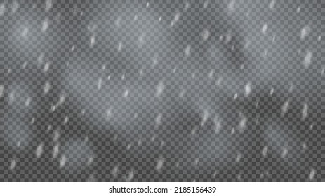 Snowstorm and falling snowflakes on transparent background. Blizzard of white snowflakes and Christmas snow. Vector illustration