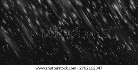 Snowstorm snow effect blizzard with transparent falling snowflake overlay on black background. Winter white frozen texture for ice storm or cold sky. Isolated png flake frost snowy pattern realistic.
