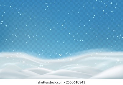 Snowstorm and snowy landscape, winter snow drifts with flying snow. Snowfall and snowflakes.