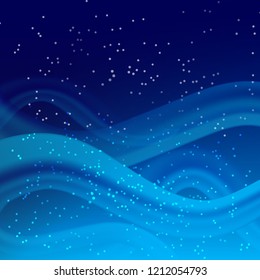 Snowstorm. Winter background. Winter holidays wallpaper. Blue Waves, Shiny Snowflakes, Dark sky. Vector abstract design