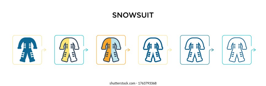 Snowsuit Vektorsymbol in 6 verschiedenen modernen Stilen. Schwarze, zweifarbige Snowsuit-Icons, die im vollen, Umriss-, Linien- und Strichstil entworfen wurden. Vektorgrafik kann für Web, Mobile, i