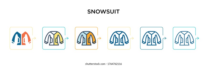 Snowsuit Vektorsymbol in 6 verschiedenen modernen Stilen. Schwarze, zweifarbige Snowsuit-Icons, die im vollen, Umriss-, Linien- und Strichstil entworfen wurden. Vektorgrafik kann für Web, Mobile, i