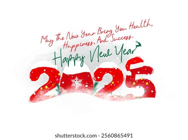 Snow-themed 2025 design with wishes for health and success. Red "2025" digits adorned with Christmas lights and snow perfectly capture the festive New Year spirit