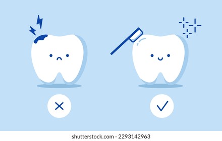 Snow-white Happy Tooth and Moody Tooth with caries Cartoon characters in flat design. Dental care concept. Healthy and diseased tooth with caries. Cute tooth characters in flat style