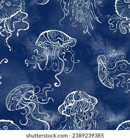 Snow-white jellyfish on a blue watercolor background - Shibori. Unique, exclusive, graceful ornate hand-painted, linear drawing. Seamless pattern sea and ocean life. Abstract fantasy.